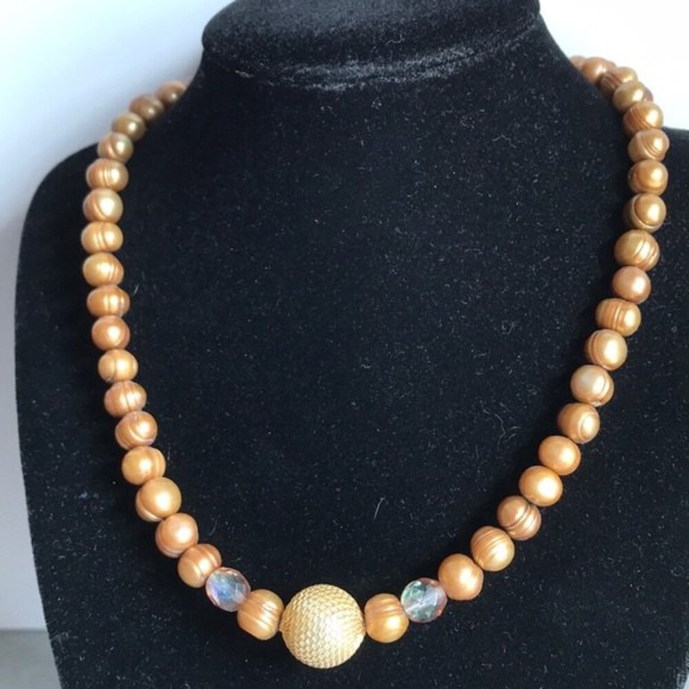 Vintage Gold Pearl Large Center Focal Bead Aurora Borealis Czech Beads 16.5 Inch